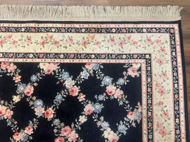 8.8 x 12 Karastan Garden of Eden Rug, Ebony Trellis #509/1270, Black, Floral, Wool Pile, Vintage, Discontinued by Jewel Rugs