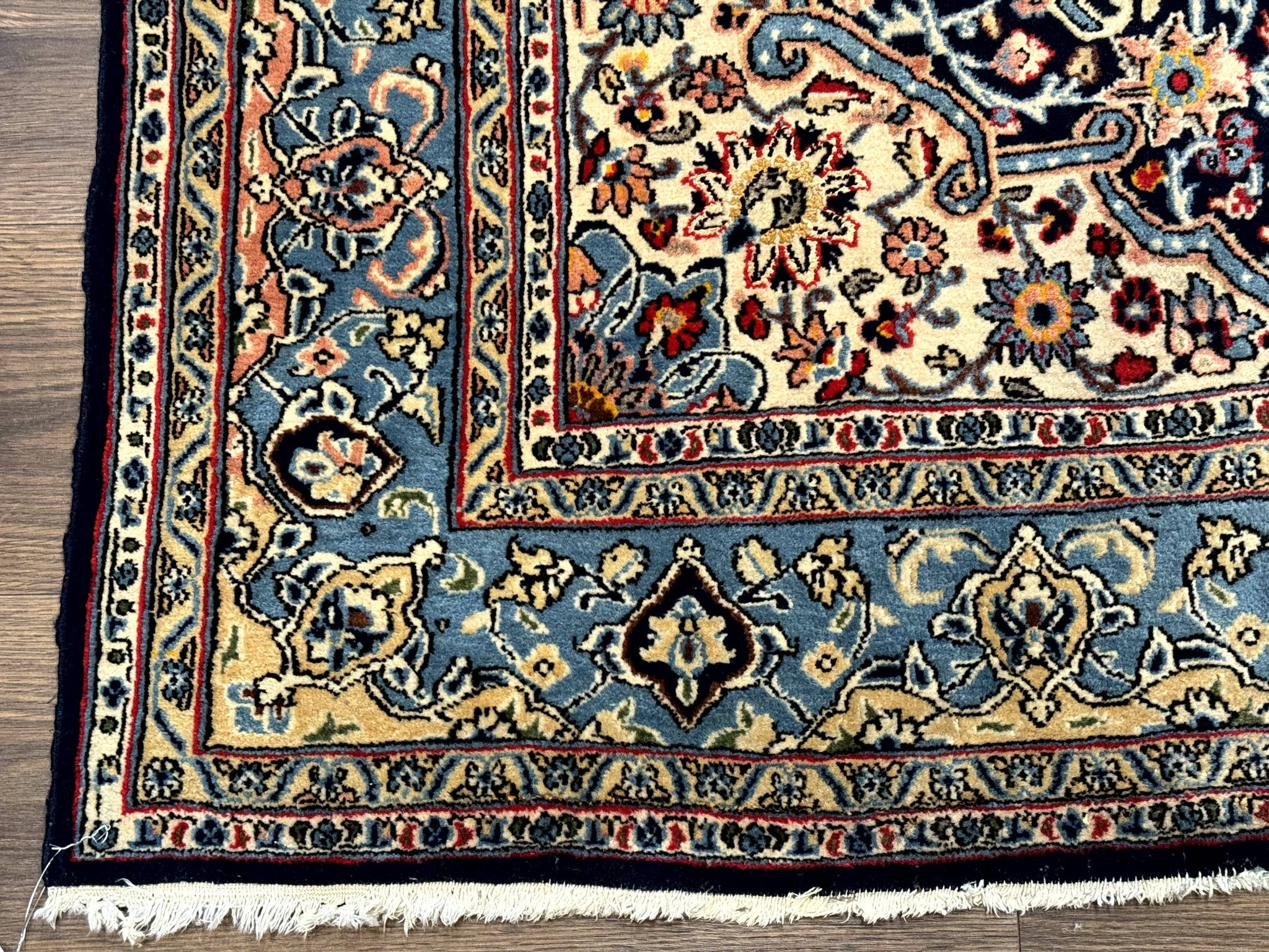Persian Qum Rug 5x7 in Navy Light Blue and Ivory, Wool wilh Silk Highlights, 225 KPSI by Jewel Rugs