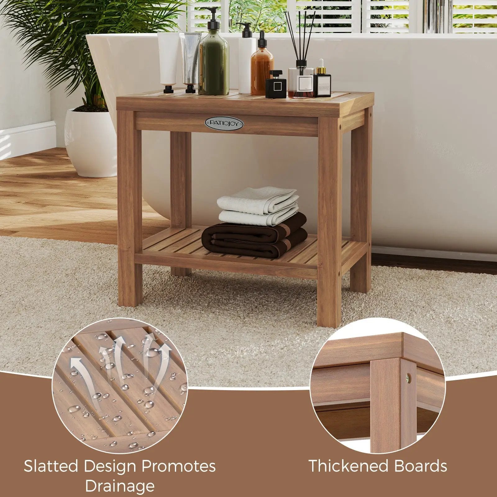 19 Inch Teak Wood Shower Bench Inside Shower Stool with Storage Shelf by DirectDeals