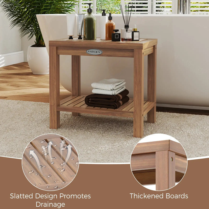 19 Inch Teak Wood Shower Bench Inside Shower Stool with Storage Shelf by DirectDeals