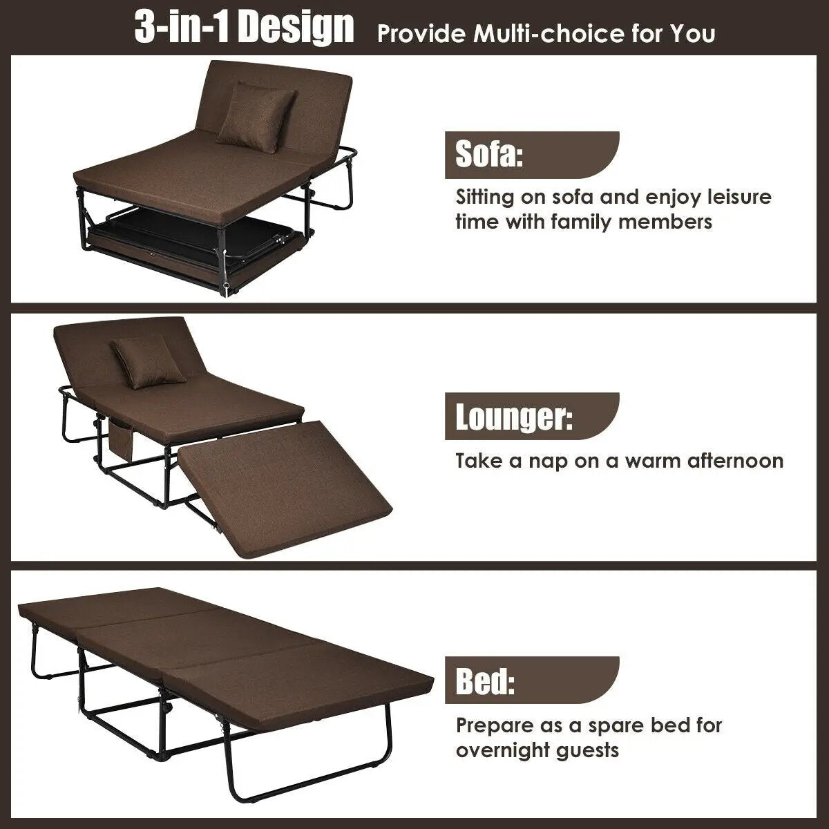 Folding Guest Sleeper Bed w/6 Position Adjustment-Brown by DirectDeals