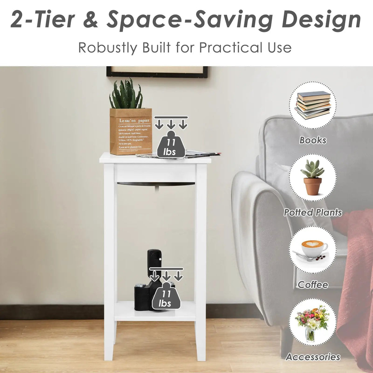 2-Tier Nightstand End Side Wooden Legs Table for Bedroom, photo 13 of 24