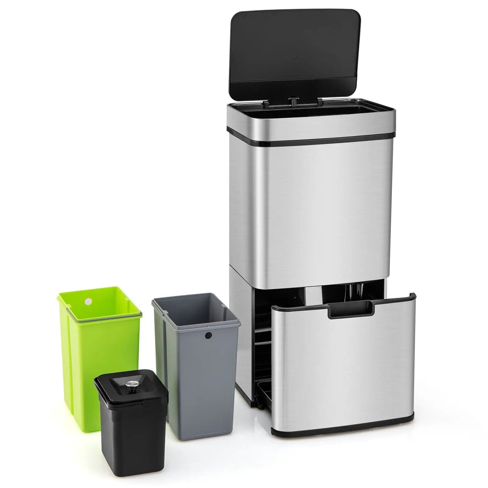 19 Gal Stainless Steel Trash Can with Kitchen Waste Bin and 2 Bottom Recycling Bins-Silver by DirectDeals