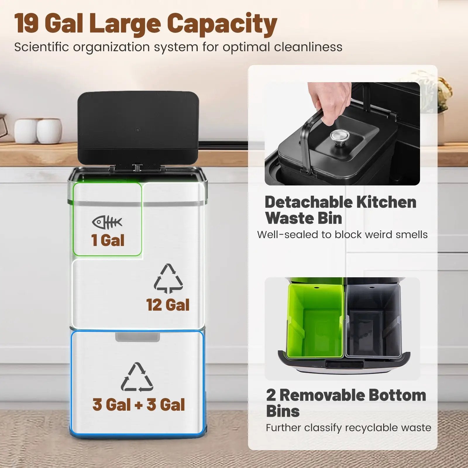19 Gal Stainless Steel Trash Can with Kitchen Waste Bin and 2 Bottom Recycling Bins-Silver by DirectDeals