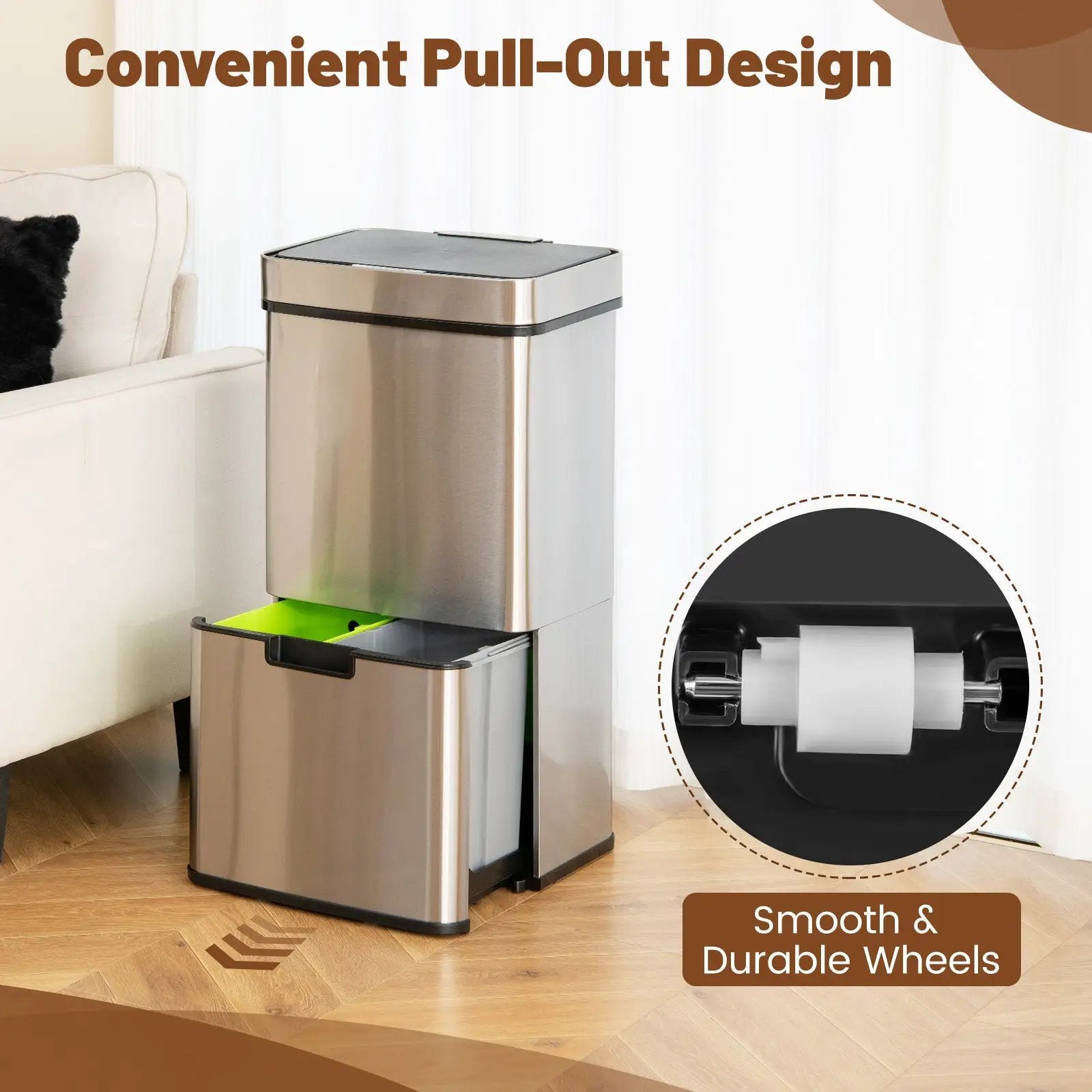 19 Gal Stainless Steel Trash Can with Kitchen Waste Bin and 2 Bottom Recycling Bins-Silver by DirectDeals