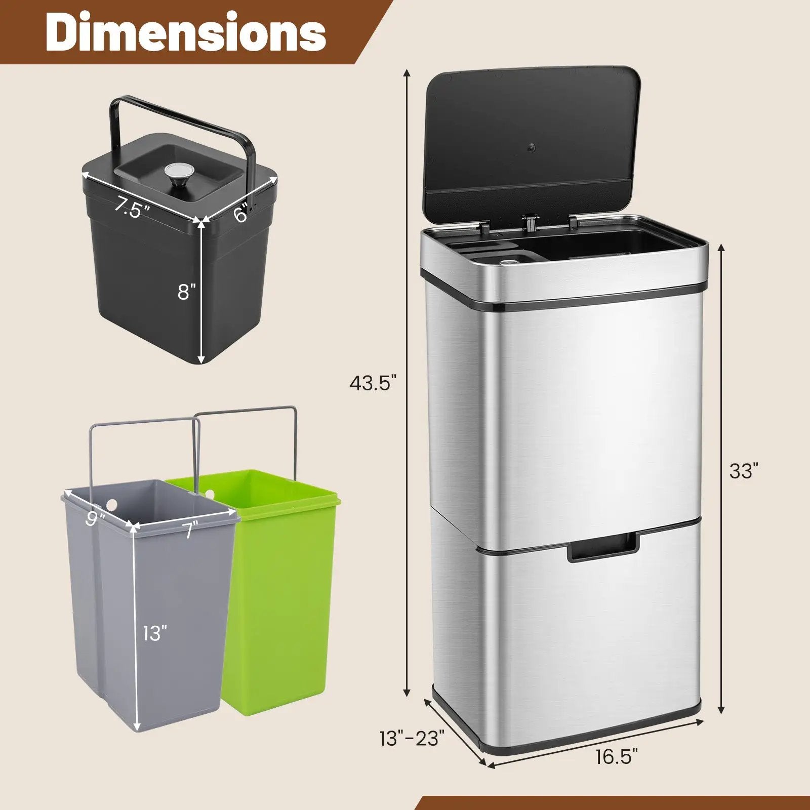 19 Gal Stainless Steel Trash Can with Kitchen Waste Bin and 2 Bottom Recycling Bins-Silver by DirectDeals