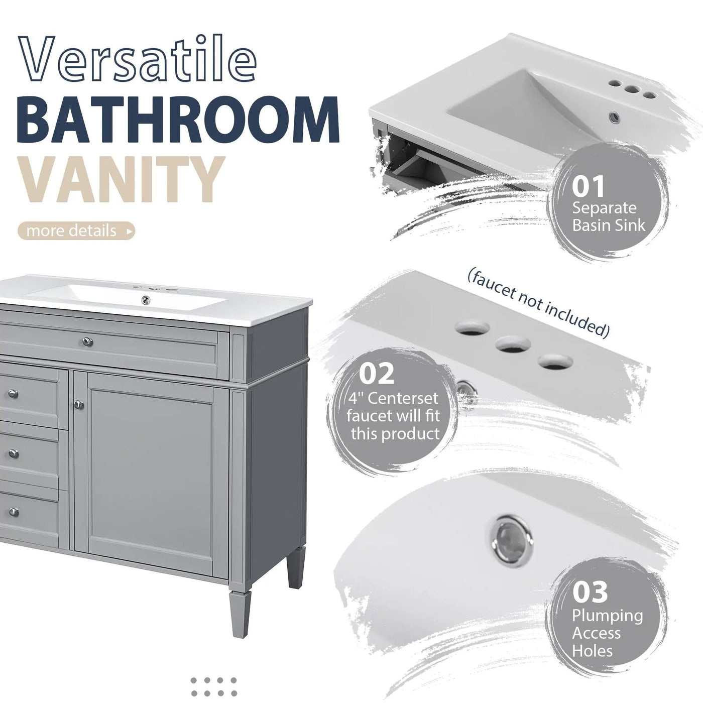 Bathroom Vanity With Mirror Cabinet, Single Sink With 2 Soft Closing Doors And 4 Drawers by Unique Piece Furniture