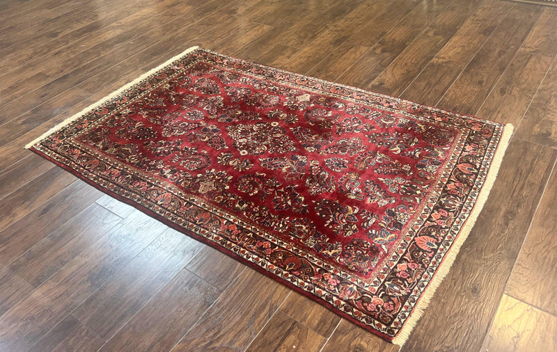 Antique Persian Sarouk Rug 4x7, Hand Knotted Wool Red Persian Carpet, Floral by Jewel Rugs
