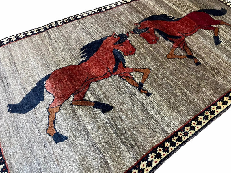 4 X 7 Handmade Hand-Knotted Quality Wool Rug Pictorial Horses Veggie Dyes Tribal by Jewel Rugs
