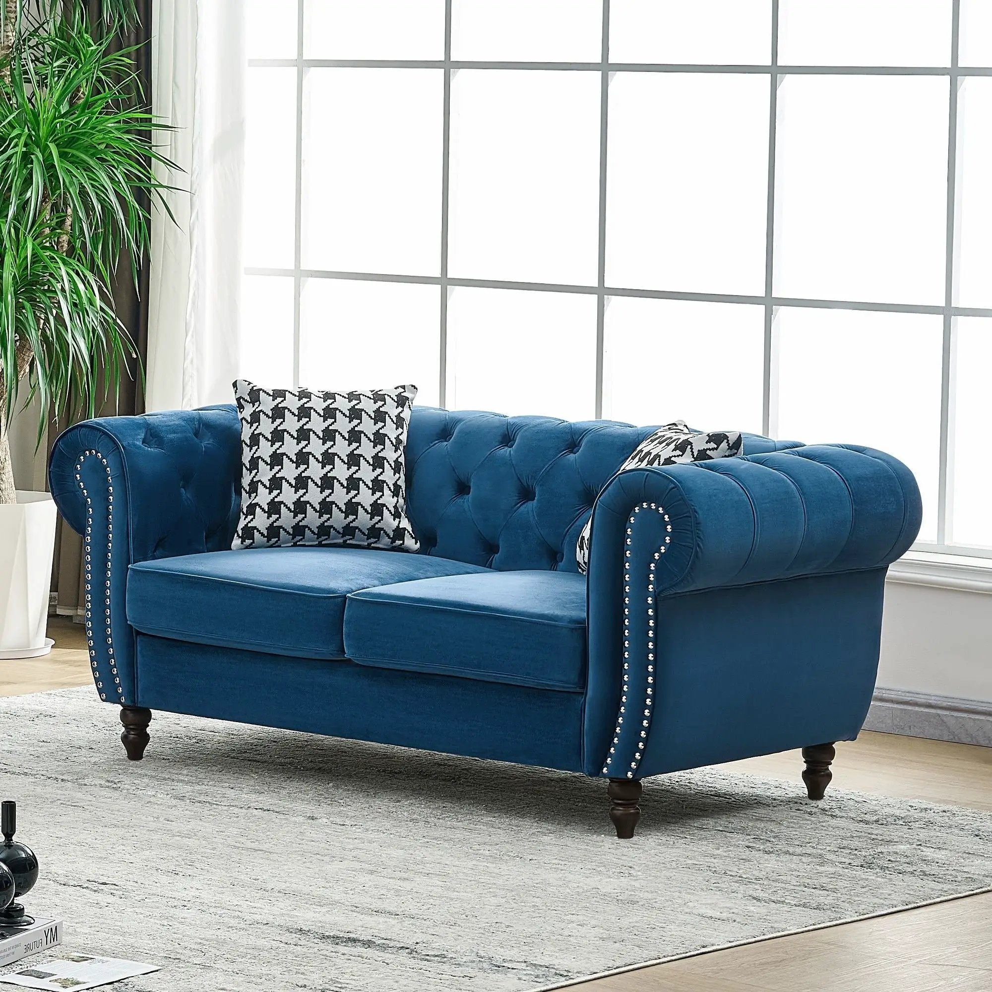 Chesterfield Fabric Sofa With Roll Armrest And Nailhead, Mid Century 2 Seater Couch In by HouseOfZazla