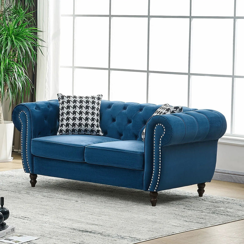 Chesterfield Fabric Sofa With Roll Armrest And Nailhead, Mid Century 2 Seater Couch In by HouseOfZazla