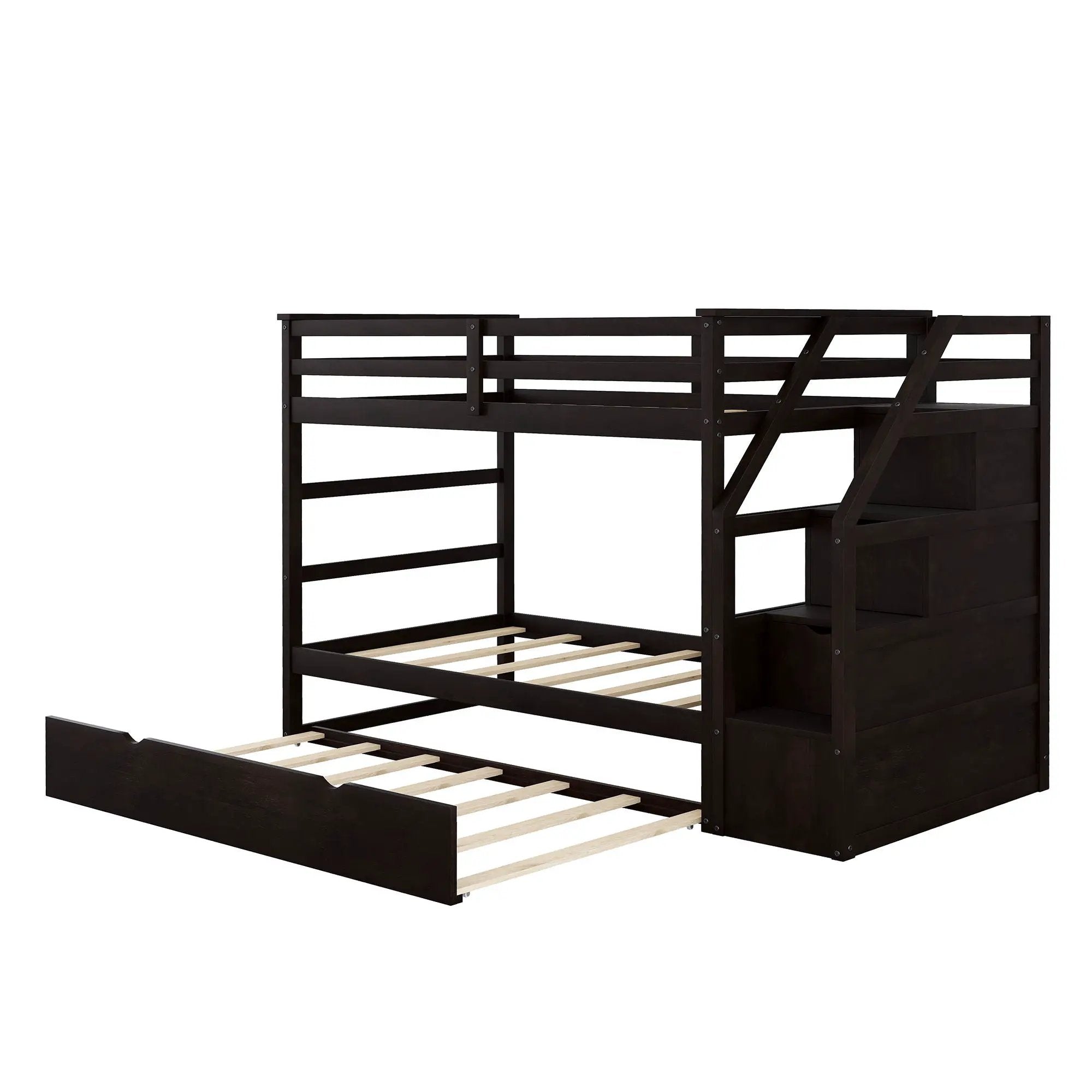 Twin Over Twin Bunk Bed With Twin Size Trundle And 3 Storage Stairs - Espresso by Unique Piece Furniture