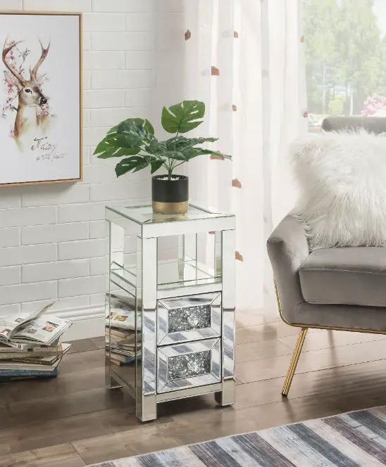 Noralie - 24" Accent Table - Clear Glass, Mirrored & Faux Diamonds by Unique Piece Furniture