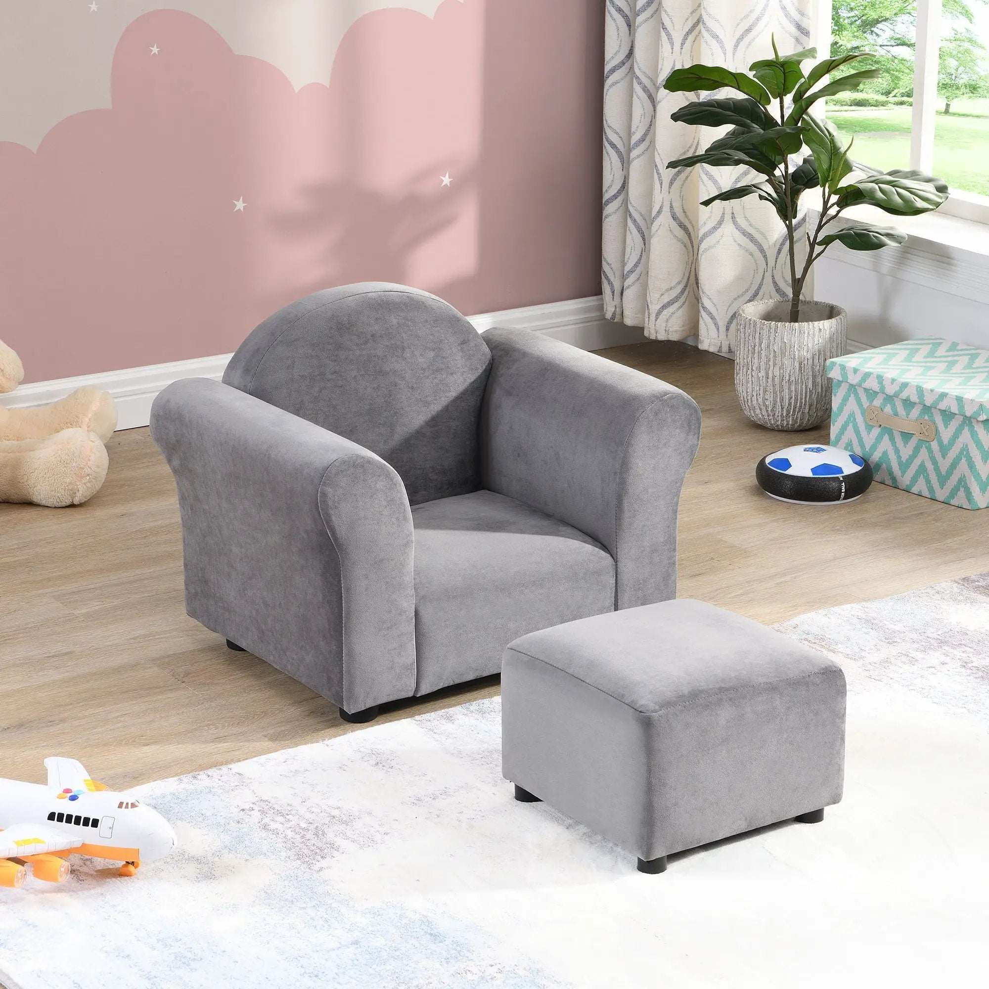 Kids Recliner Chair, Kids Upholstered Couch With Ottoman - Gray by HouseOfZazla