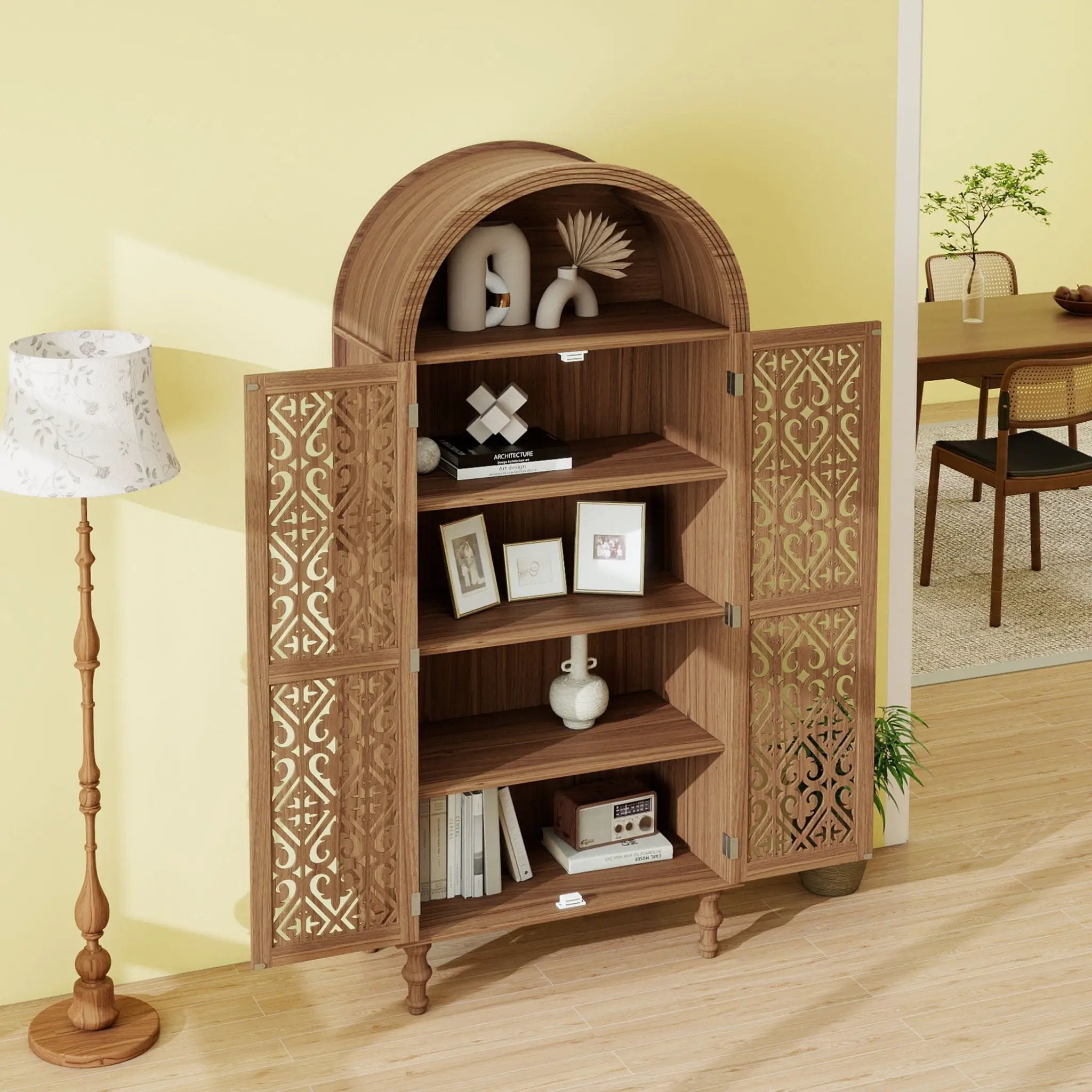 Tall Kitchen Pantry Cabinet With Hollow Carved Doors Adjustable Shelves Versatile Storage Cabinet For Kitchen - Walnut by HouseOfZazla