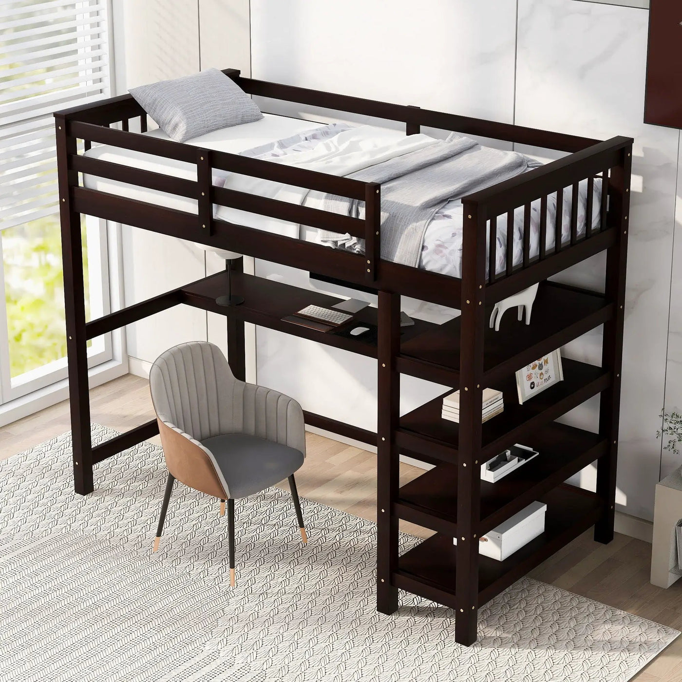 Loft Bed With Storage Shelves And Under Bed Desk by HouseOfZazla