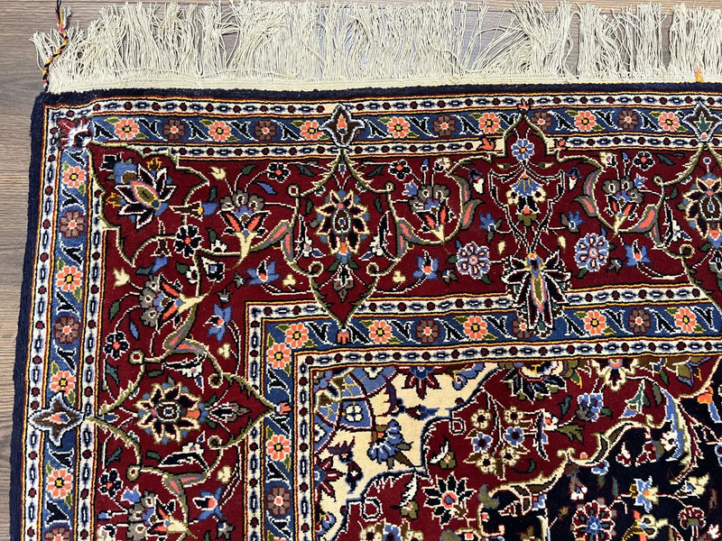 Dark Blue Persian Rug 5x8, Kork Wool Semi Antique Kashan Carpet, Very Fine Lachak Toranj Rug, Hand Knotted Floral Medallion Rug, 5 x 8 Oriental Rug by Jewel Rugs