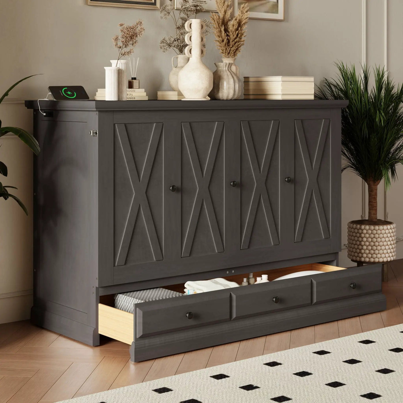 Solid Pine Murphy Bed Chest Cube Cabinet Bed With Charging Station And Large Storage Drawer For Home Office Or Small Room by Unique Piece Furniture