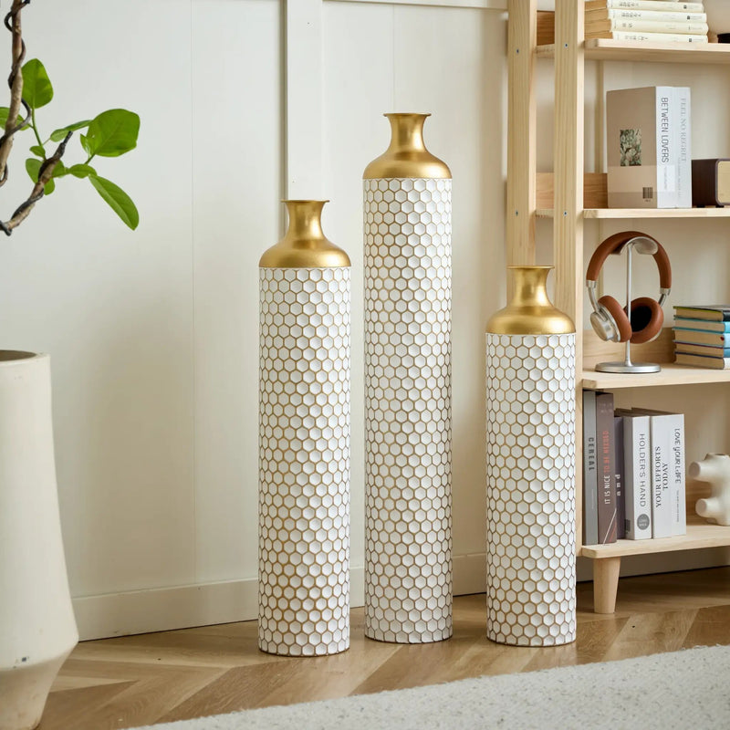 3-Piece Modern Metal Vase Set - White & Gold by HouseOfZazla