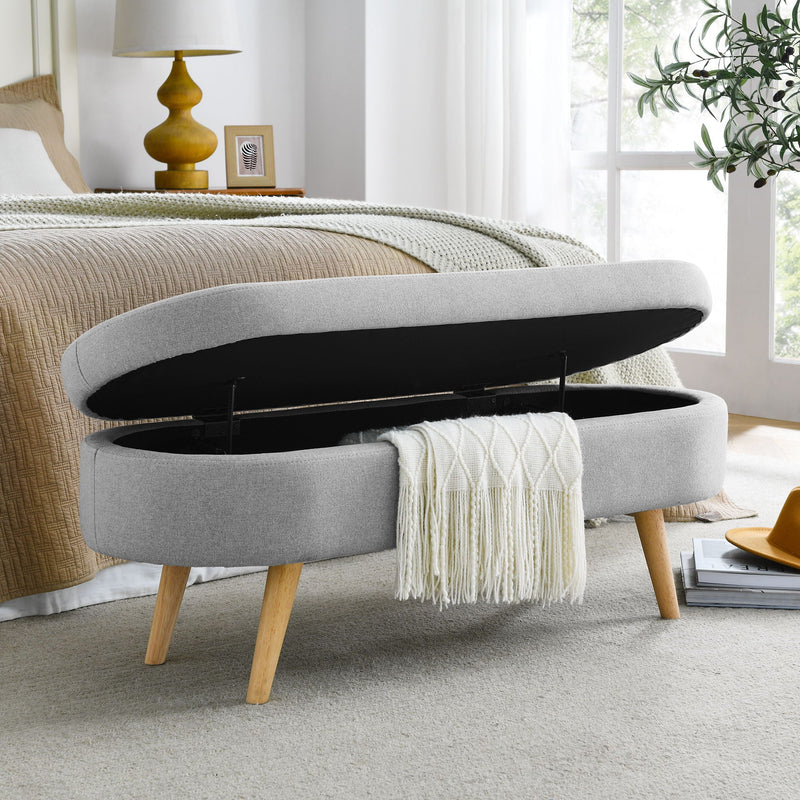 Ottoman Oval Storage Bench With Rubber Wood Legs Linen - Gray by HouseOfZazla