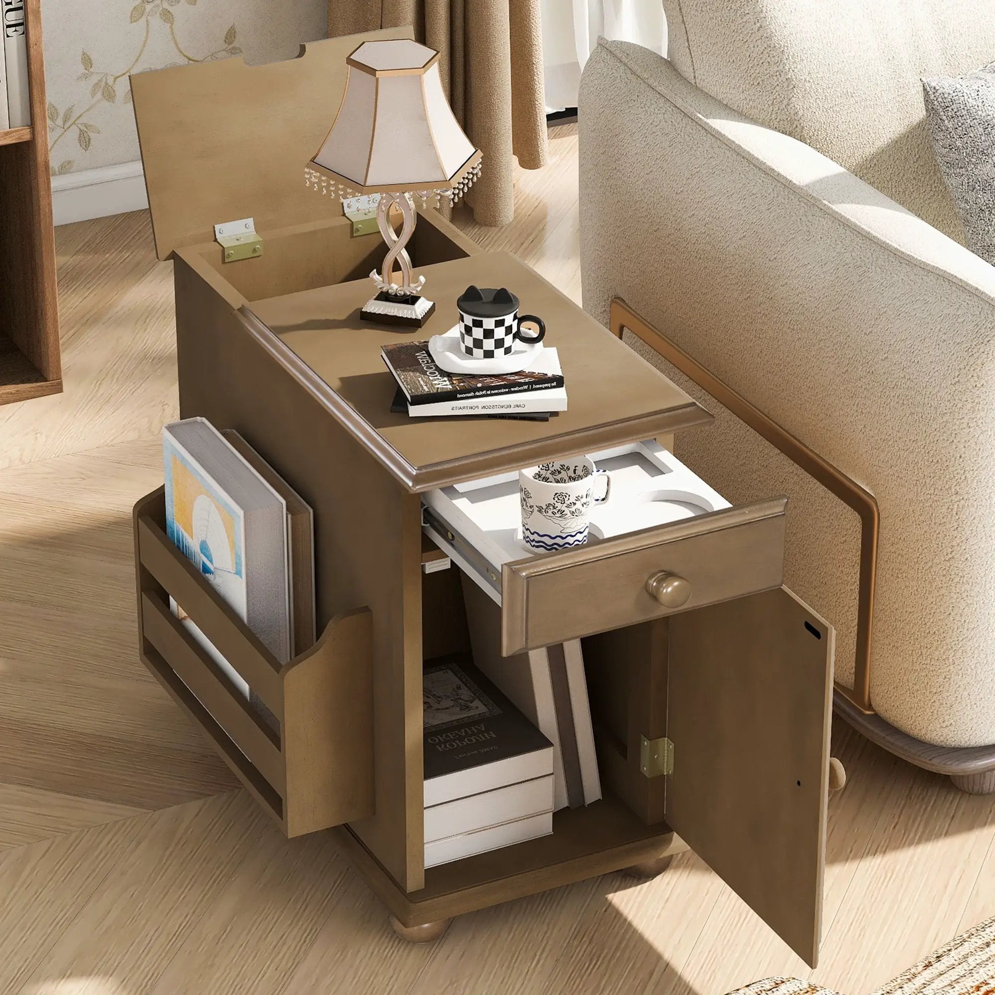 Vintage Flip Top Side Table With USB Ports by HouseOfZazla