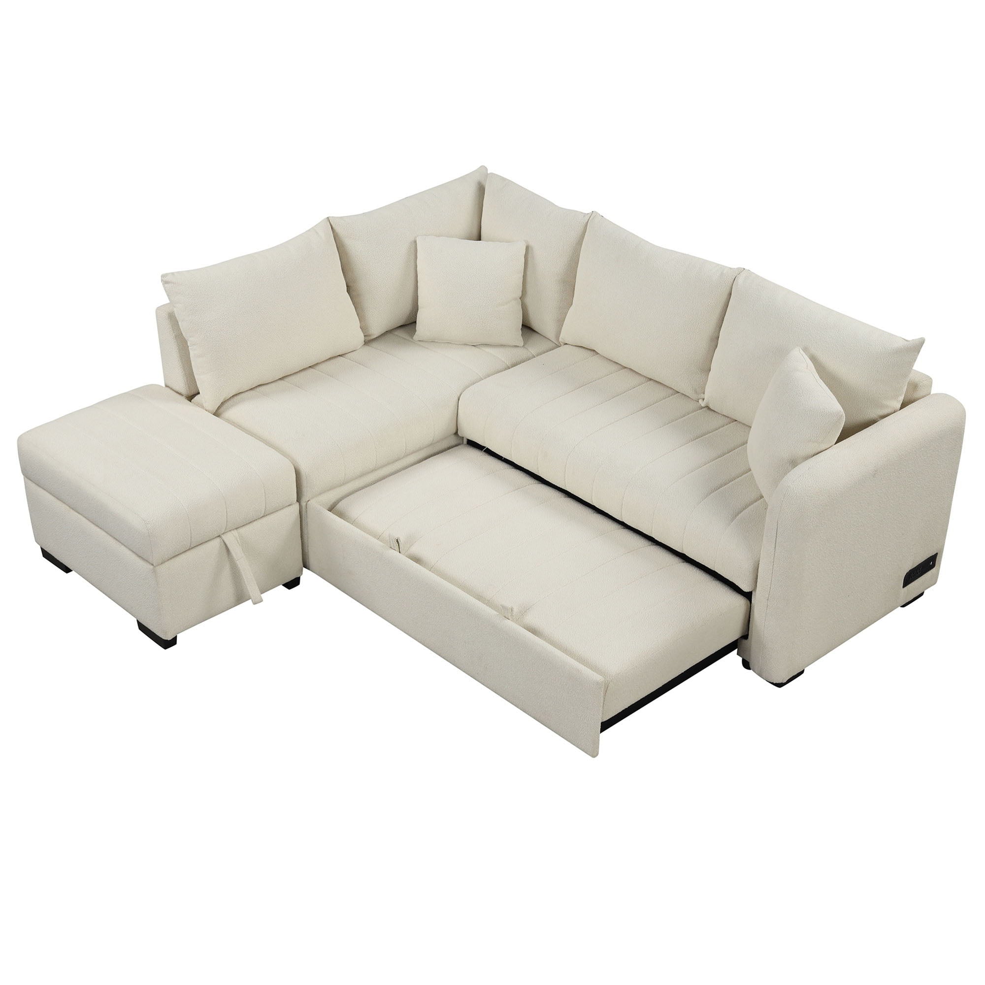 L-Shaped Sectional Pull Out Sofa Bed Sleeper Sofa With Two USB Ports, Two Power Sockets And A Movable Storage Ottoman by HouseOfZazla