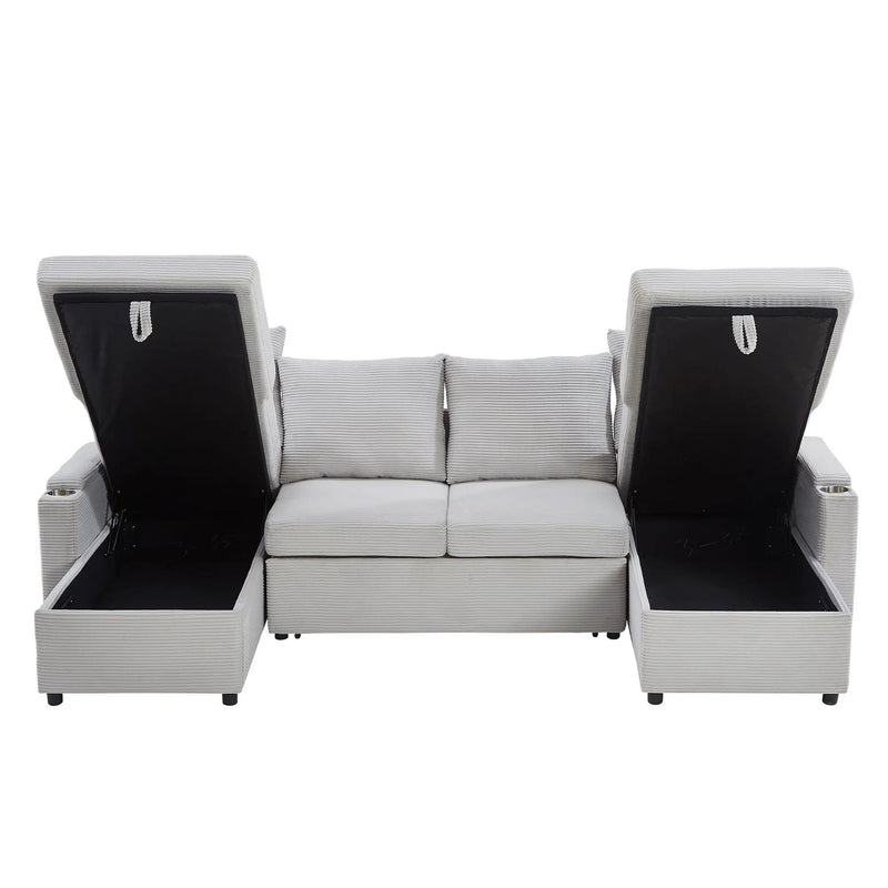 U Shaped Sectional Sofa Bed With Storage Chaise Lounges, USB Ports, And Cup Holders by HouseOfZazla