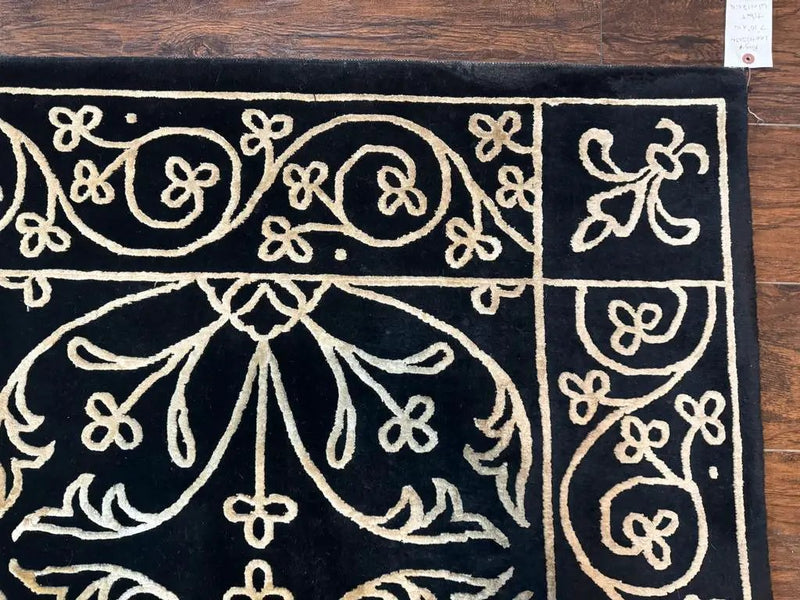 Tibetan Rug 8x10, Wool and Silk, Raised Pattern, Black and Gold, Floral by Jewel Rugs