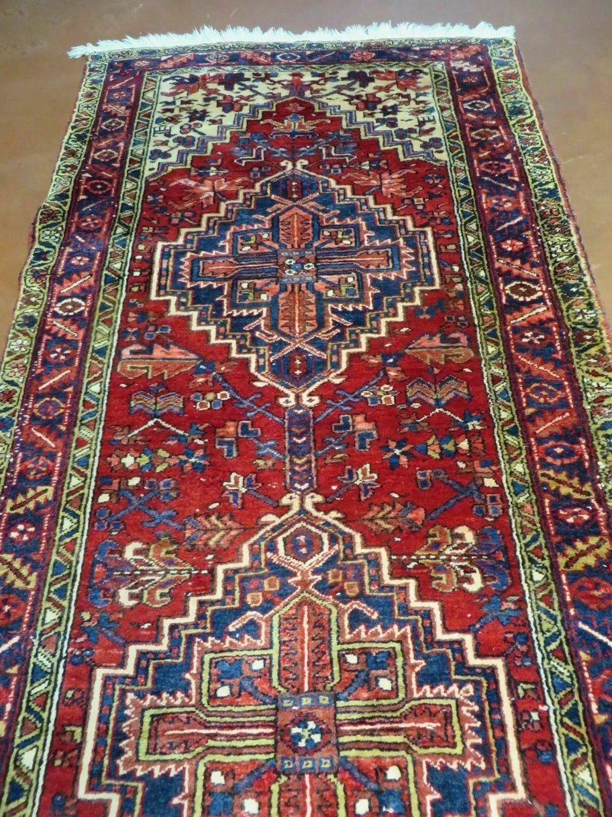 Persian Runner Rug, Heriz Runner Rug, Geometric Medallions, Red Cream Navy Blue Wool Hallway Rug 3.9 x 10.8 Antique Oriental Runner Handmade by Jewel Rugs