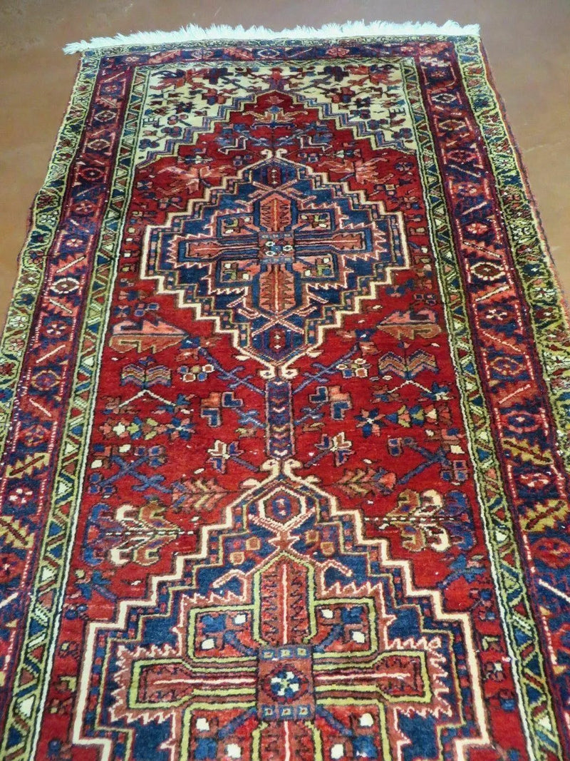 Persian Runner Rug, Heriz Runner Rug, Geometric Medallions, Red Cream Navy Blue Wool Hallway Rug 3.9 x 10.8 Antique Oriental Runner Handmade by Jewel Rugs