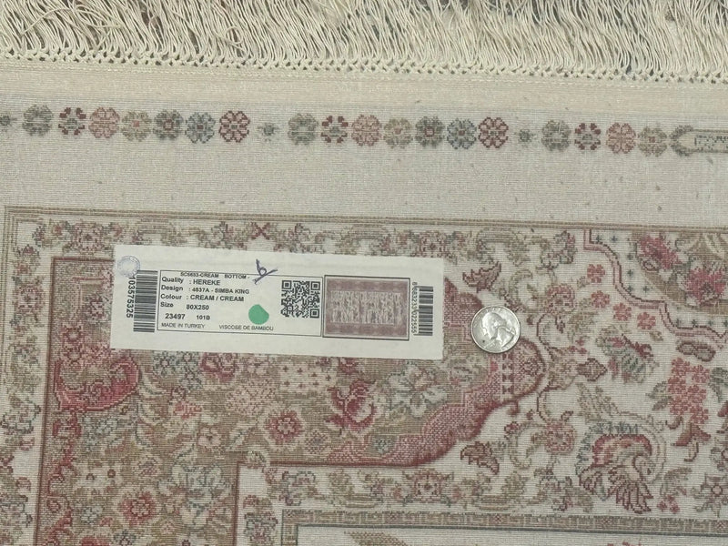 Turkish Silk Runner Rug 2.6 x 8, Hunting Design, Ivory, Bamboo Silk, New by Jewel Rugs