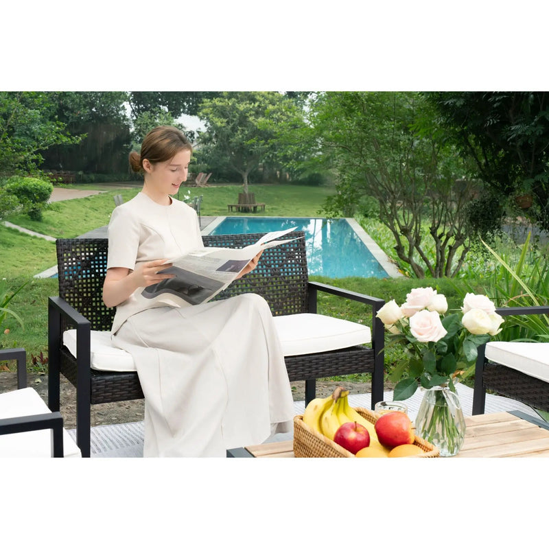 4 Piece Patio Furniture Set With Acacia Wood Table Top And Cushions by HouseOfZazla