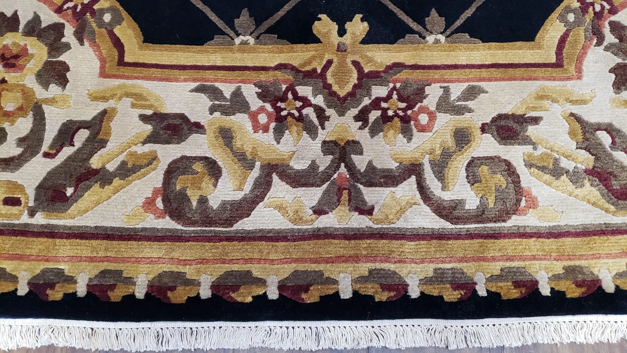 Nepal Rug 6x9, Nepalese Aubusson Area Rug 6 x 9, Hand-Knotted Wool Soft Pile Black & Beige Tibetan Aubusson New Carpet European Savonnerie by Jewel Rugs