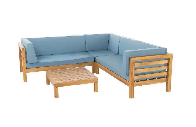 Oana Outdoor Wooden Sectional Set With Cushions, Blue by HouseOfZazla