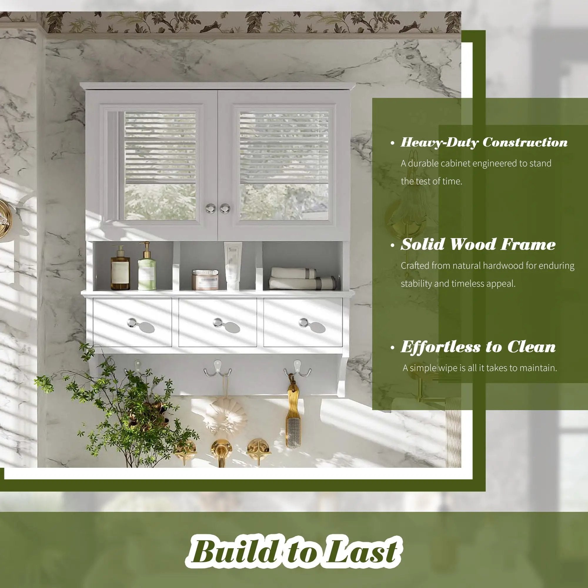 Modern Bathroom Mirror Cabinet With Drawers, Organizer Hooks, And High-Definition Mirrors