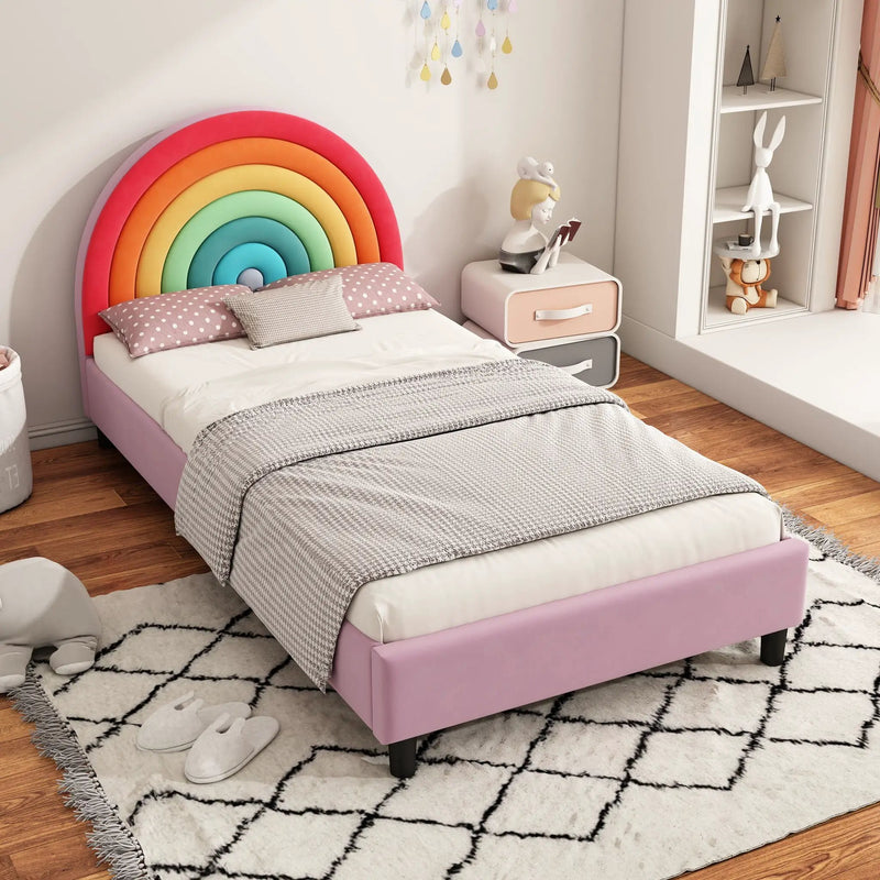 Rainbow Design Upholstered Twin Platform Bed Cute Style Princess Bed For Boys & Girls, Teens - Colorful / Pink by Unique Piece Furniture