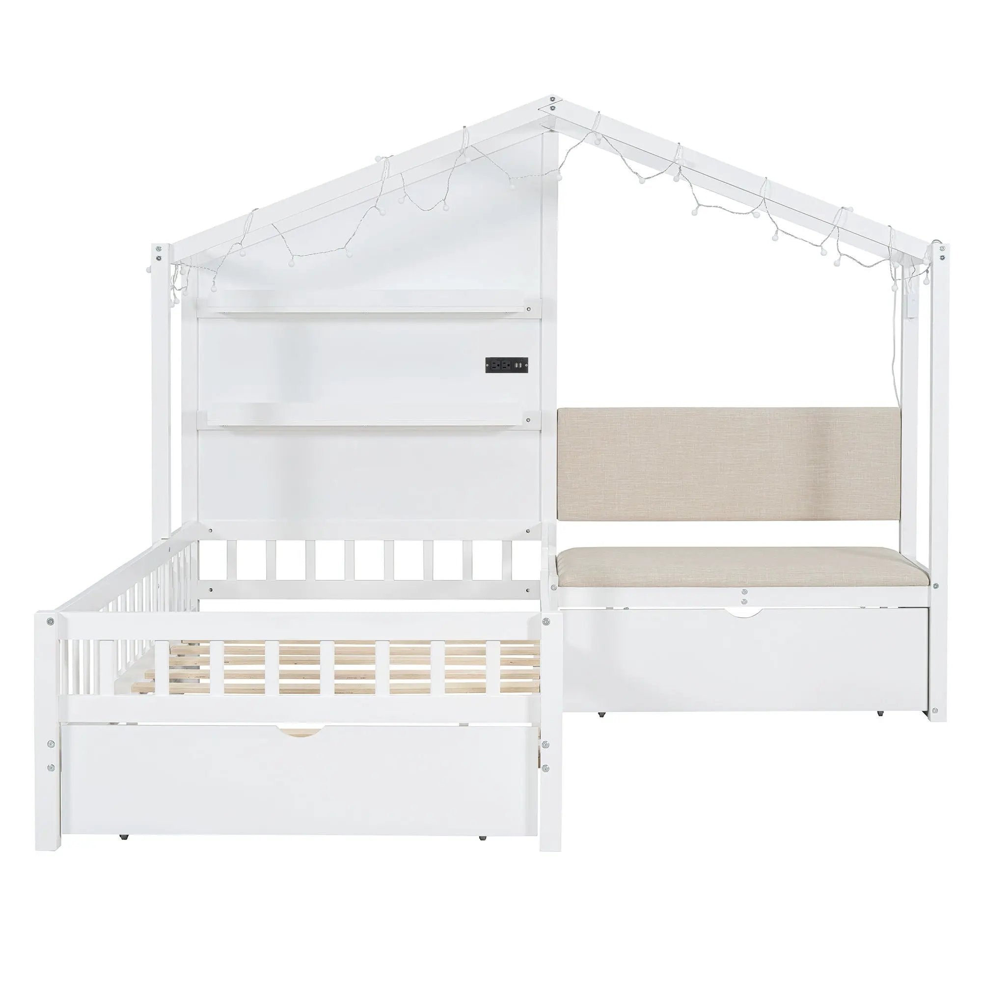 House Bed With Upholstered Sofa, Wireless Charging Station, Shelves And 2 Drawers