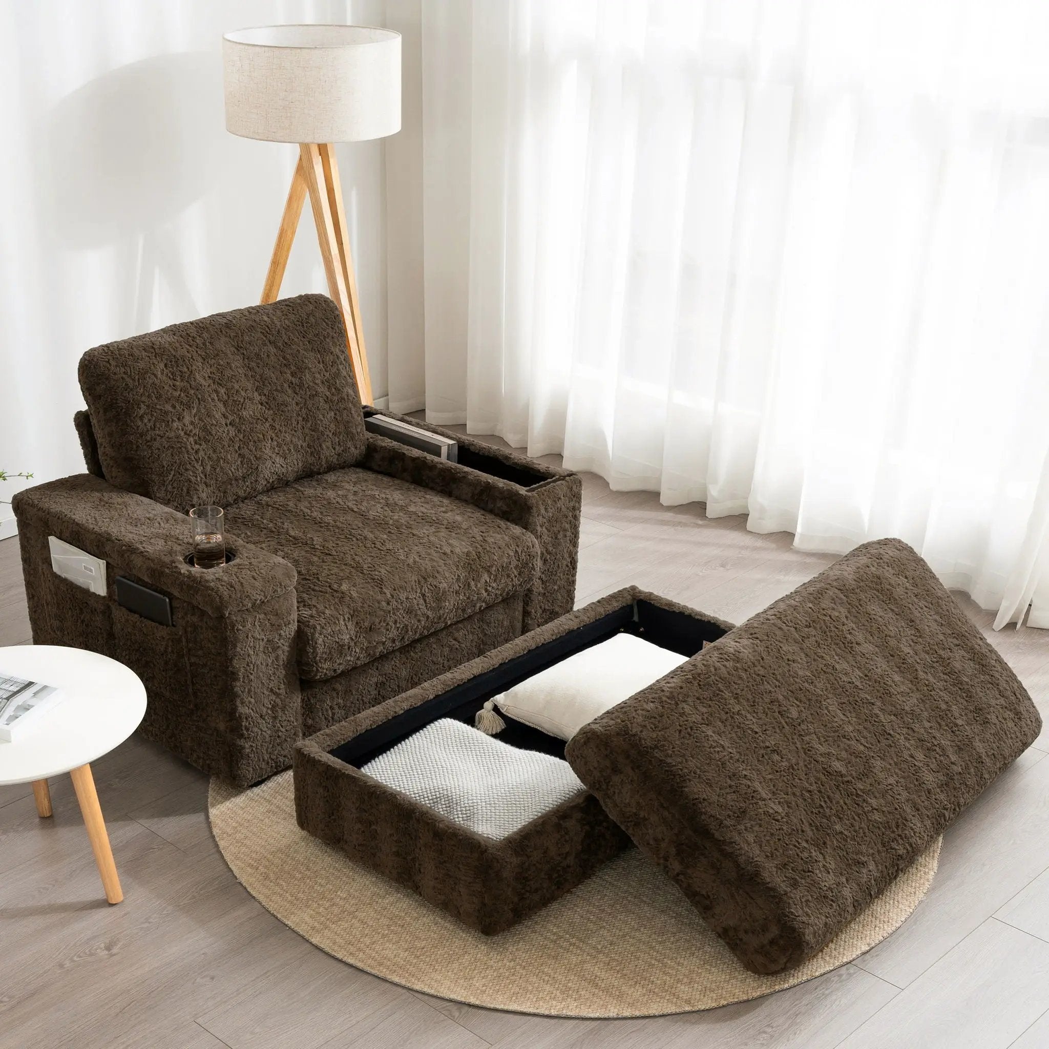 Oversized Chaise Lounge Indoor Rabbit Fur Sofa Bed With Storage Ottoman And Armrests Cup Holders With Deep Seat by Unique Piece Furniture
