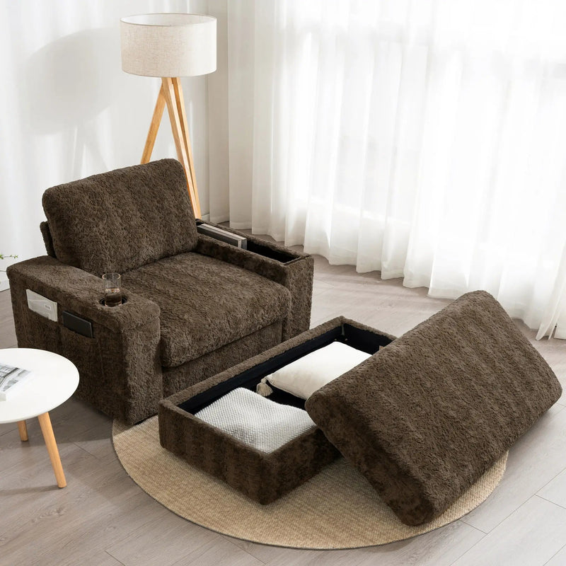 Oversized Chaise Lounge Indoor Rabbit Fur Sofa Bed With Storage Ottoman And Armrests Cup Holders With Deep Seat by HouseOfZazla