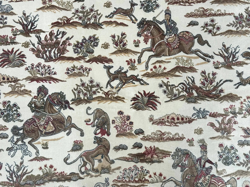 Turkish Silk Rug 5x8, Ivory, Hunting Design, Animal Pictorials, Bamboo Silk by Jewel Rugs