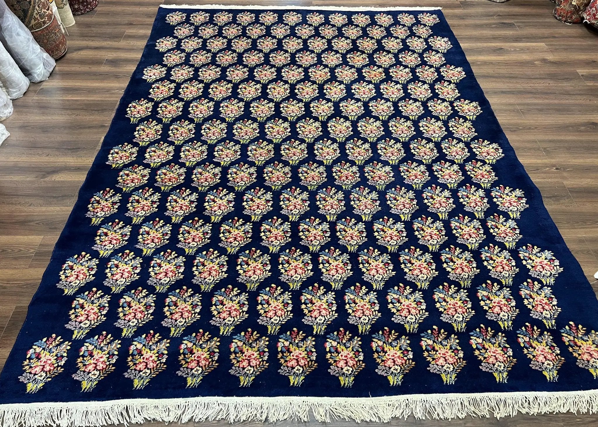 Persian Rug 9x12, Authentic Hand Knotted Carpet, Repeated Floral Motif Garden of Eden, Navy Blue Wool Rug 9 x 12, Semi Antique Kirman Rug by Jewel Rugs