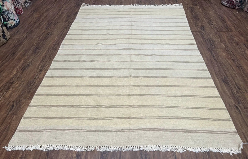 New Turkish Kilim Rug 5x8 Flatweave Carpet, Bohemian Rug, Contemporary Rug, Hand Woven, Wool Area Rug, Gray and Taupe, Striped Pattern by Jewel Rugs