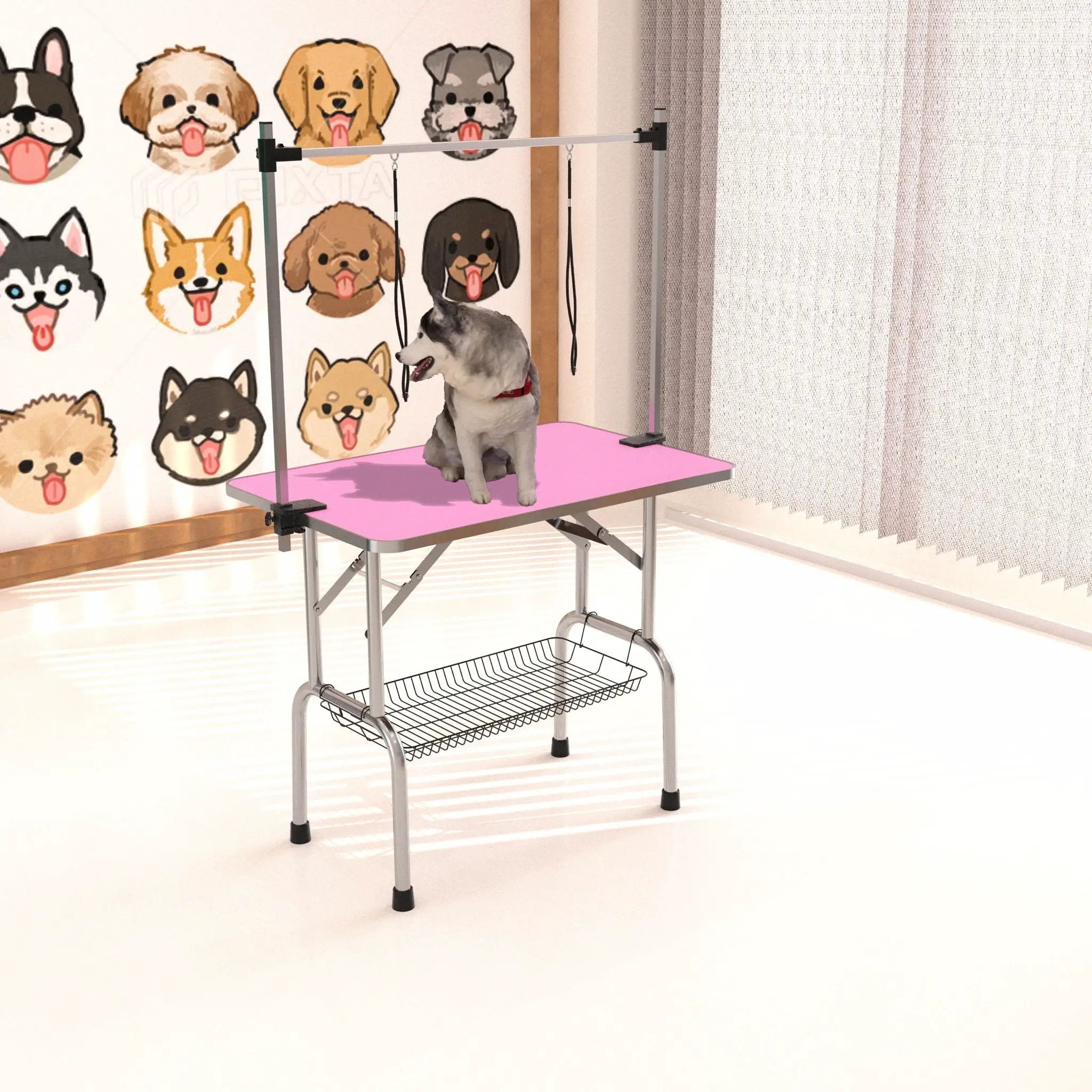 Folding Dog Pet Grooming Table Stainless Steel Frame Rubber Mat On Board With Adjustable Arm And Clamps Pet Dog Cat Grooming Table by HouseOfZazla