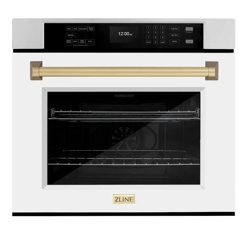 ZLINE 30" Autograph Edition Professional True Convection Single Wall Oven, Air Fry, Self Clean, White Matte, Champagne Bronze WASZ-WM-30-CB by Farmhouse Kitchen and Bath