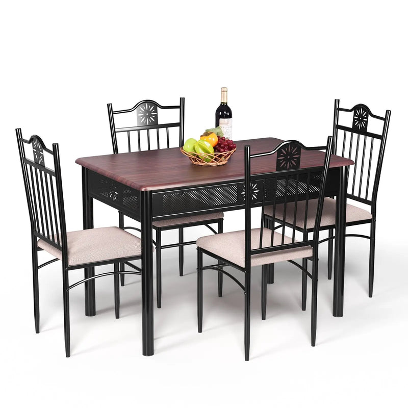 5 Pcs Dining Set Wood Metal Table and 4 Chairs with Cushions by DirectDeals