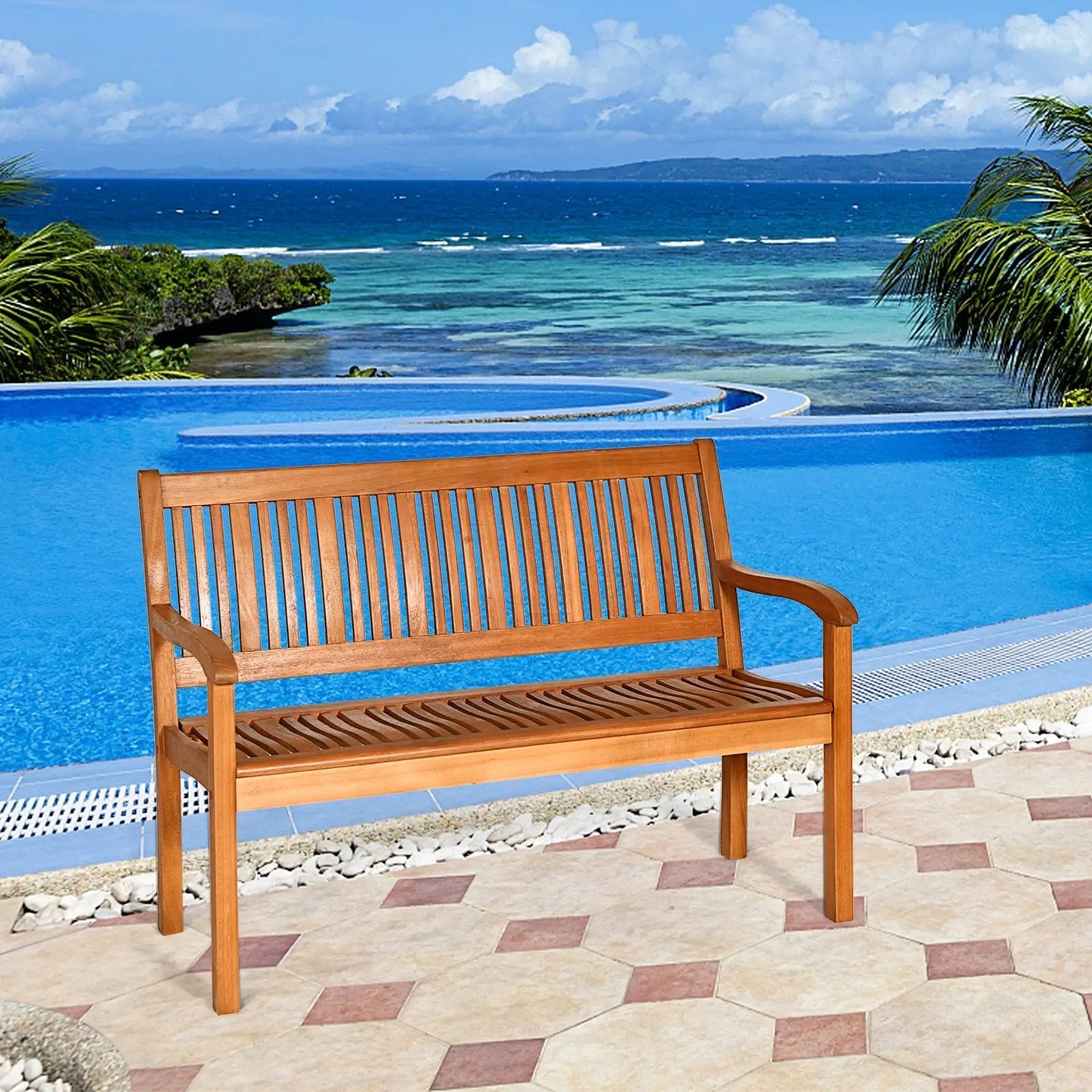 Two Person Solid Wood Garden Bench with Curved Backrest and Wide Armrest by DirectDeals