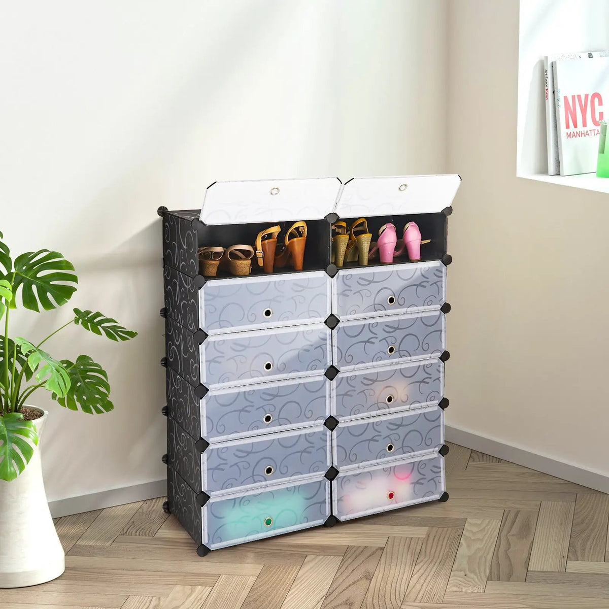12-Cube DIY Portable Plastic Shoe Rack with Transparent Doors, photo 2 of 9