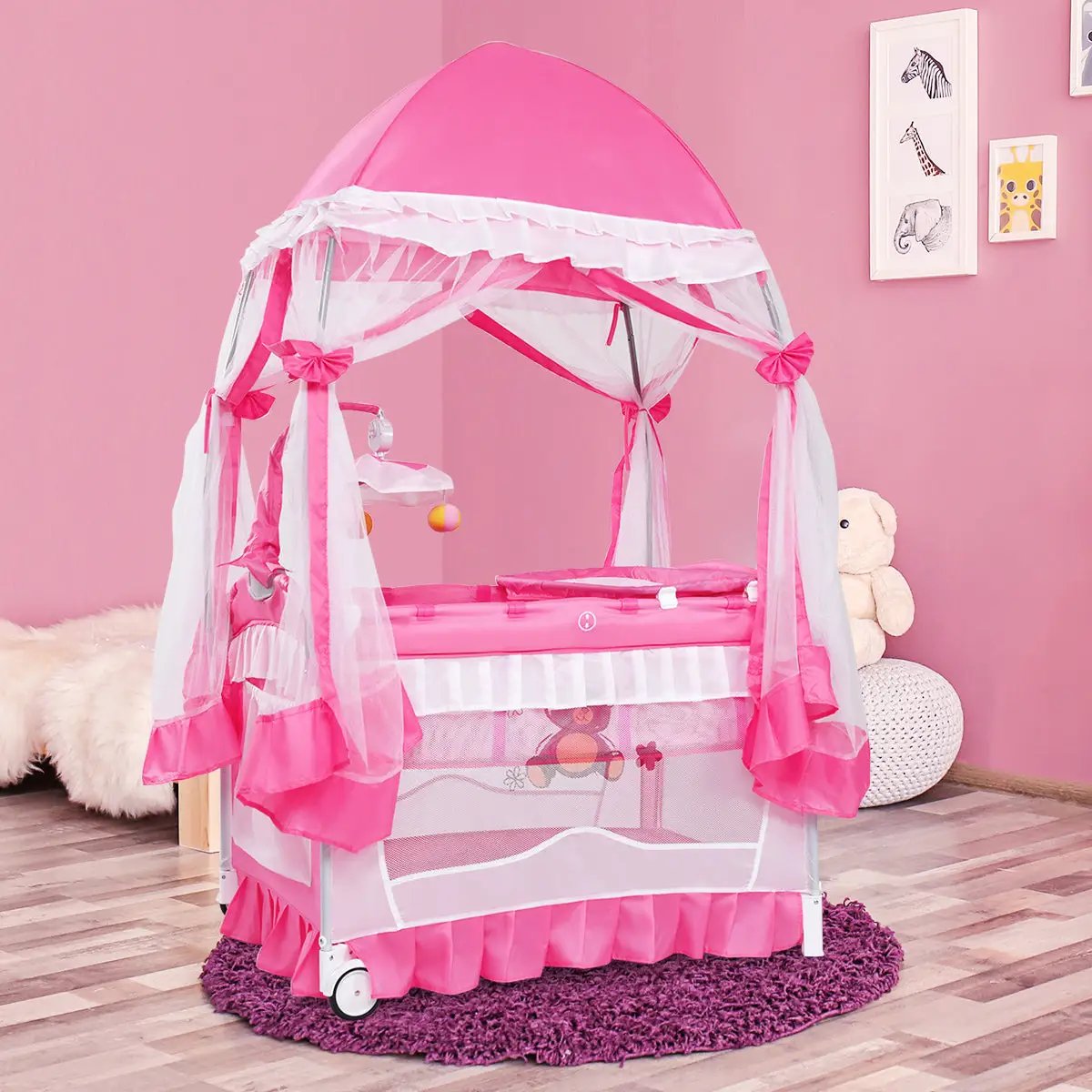 Portable Baby Playpen Crib Cradle with Carring Bag-Pink by DirectDeals