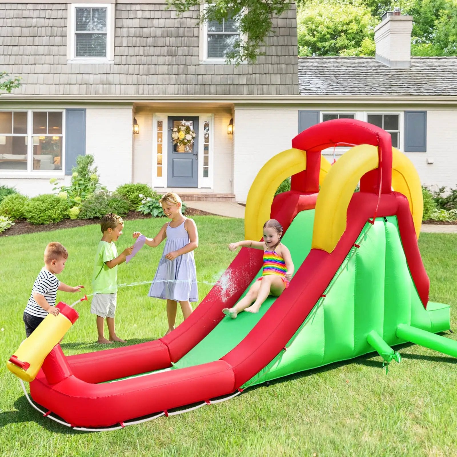 Inflatable Water Slide Bounce House with Climbing Wall and Jumper without Blower by DirectDeals