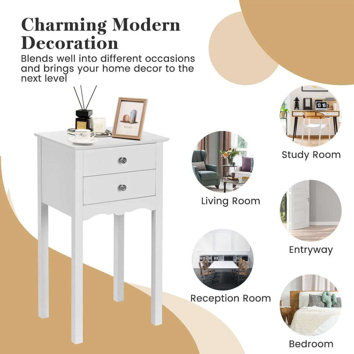 Side Table End Accent Table with 2 Drawers-White, photo 7 of 8